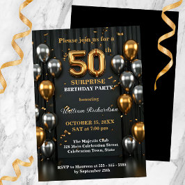 Invitación Moda Balón negro y dorado plateado 50 cumpleaños