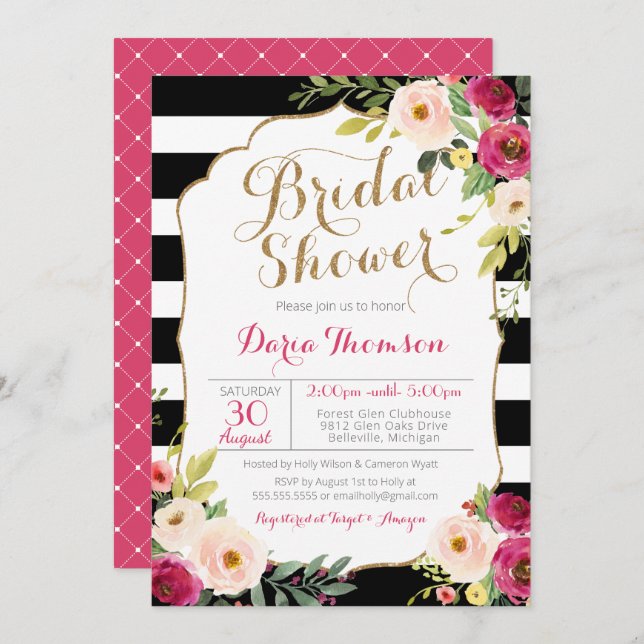 Invitación Moda Banda blanca Rosada Ducha Bridal (Anverso / Reverso)