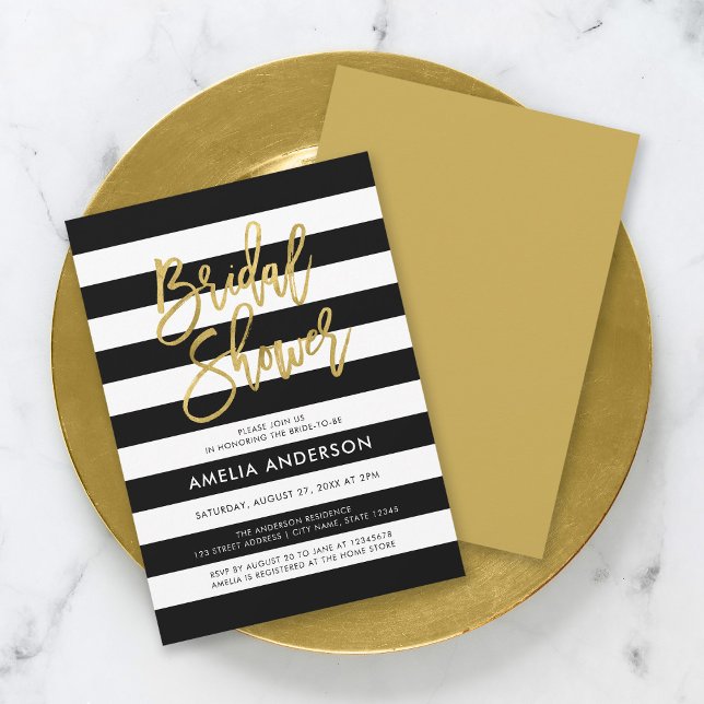 Invitación Moda Bandas negras y blancas Faux Gold Bridal Show (Subido por el creador)