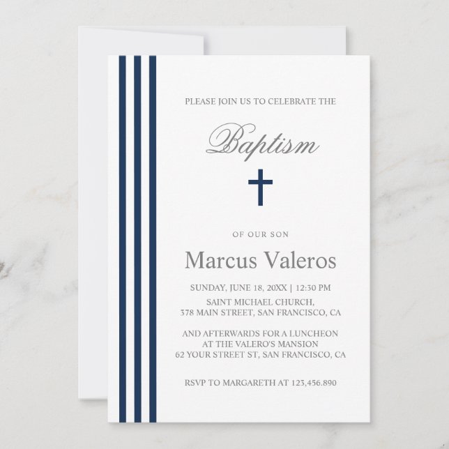Invitación Moda BAPTISM Cruz Azul de la Marina con franja ver (Anverso)