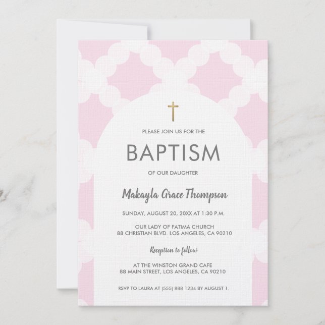 Invitación Moda Baptismo Bebé con cruz de oro blanco rosado (Anverso)