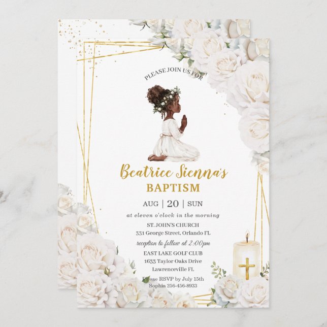 Invitación Moda Bautismo Floral Blanco Christening Chica Orac (Anverso / Reverso)