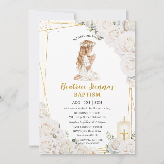 Invitación Moda Bautismo Floral Blanco Christening Chica Orac (Anverso)