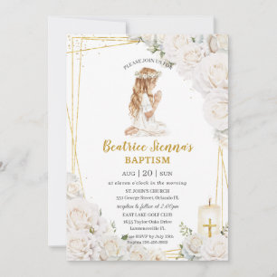 Invitación Moda Bautismo Floral Blanco Christening Chica Orac