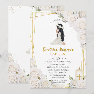 Invitación Moda Bautismo Floral Blanco Christening Chica Orac