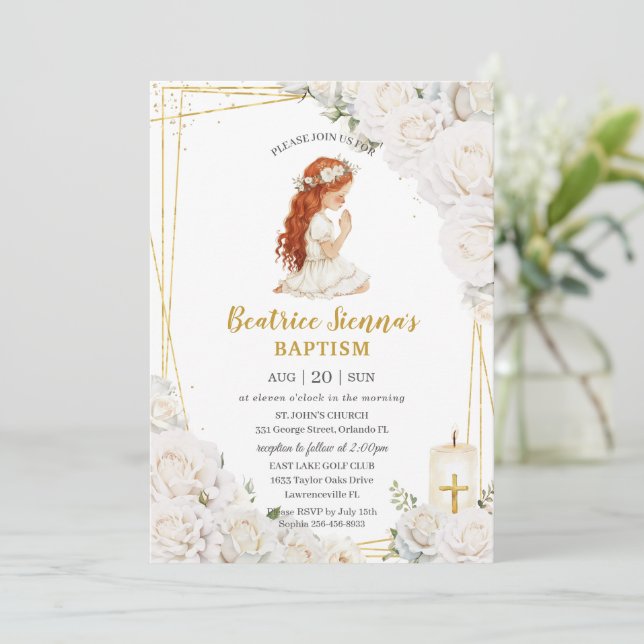 Invitación Moda Bautismo Floral Blanco Christening Chica Orac (Anverso de pie)