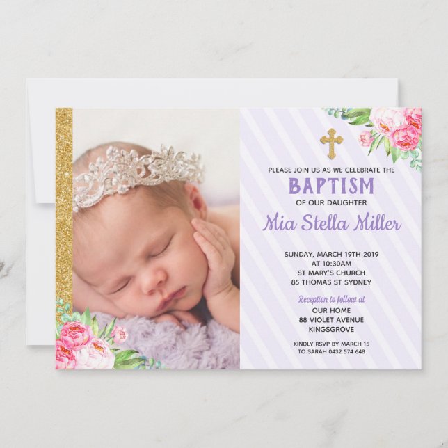Invitación Moda Bautismo Floral Púrpura Chica Christening Fot (Anverso)