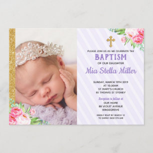 Invitación Moda Bautismo Floral Púrpura Chica Christening Fot