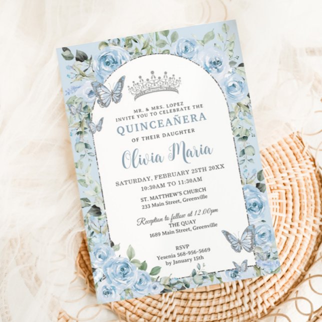 Invitación Moda Bebé Azul Floral Mariposas Arco Quinceañera (Subido por el creador)