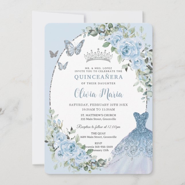 Invitación Moda Bebé Azul Floral Vestido Plata Quinceañera (Anverso)