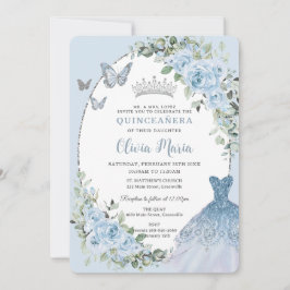 Invitación Moda Bebé Azul Floral Vestido Plata Quinceañera