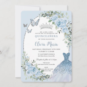 Invitación Moda Bebé Azul Floral Vestido Plata Quinceañera