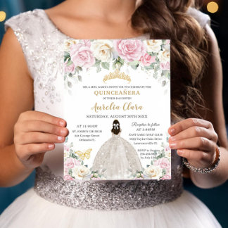 Invitación Moda Bebé Blanco Rosa Rosa Chica Floral Quinceañer