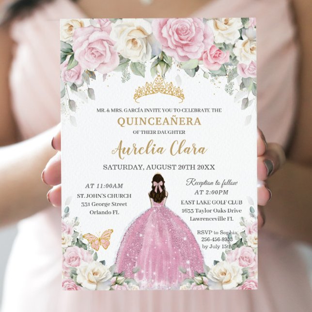 Invitación Moda Bebé Blanco Rosa Roses Oro Floral Quinceañera (Subido por el creador)