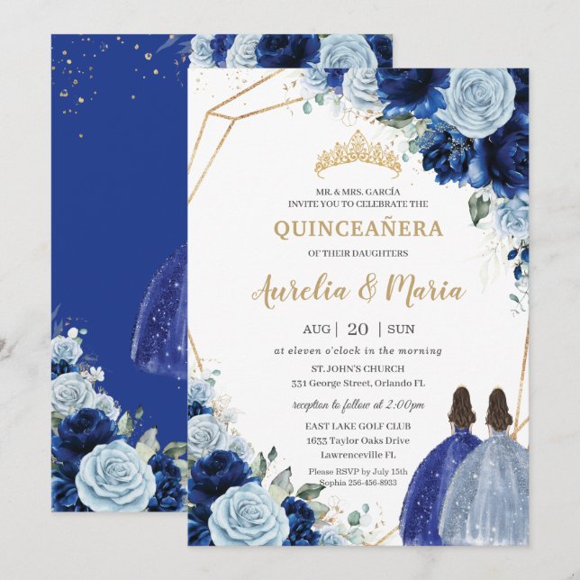 Invitación Moda Bebé Blue Royal Blue Floral Twins Quinceañera (Anverso / Reverso)