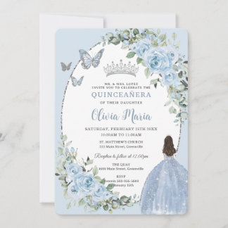 Invitación Moda Bebé Floral Azul Princesa Plata Quinceañera