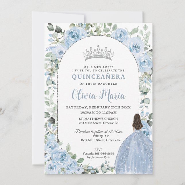 Invitación Moda Bebé Floral Azul Princesa Quinceañera Plata (Anverso)
