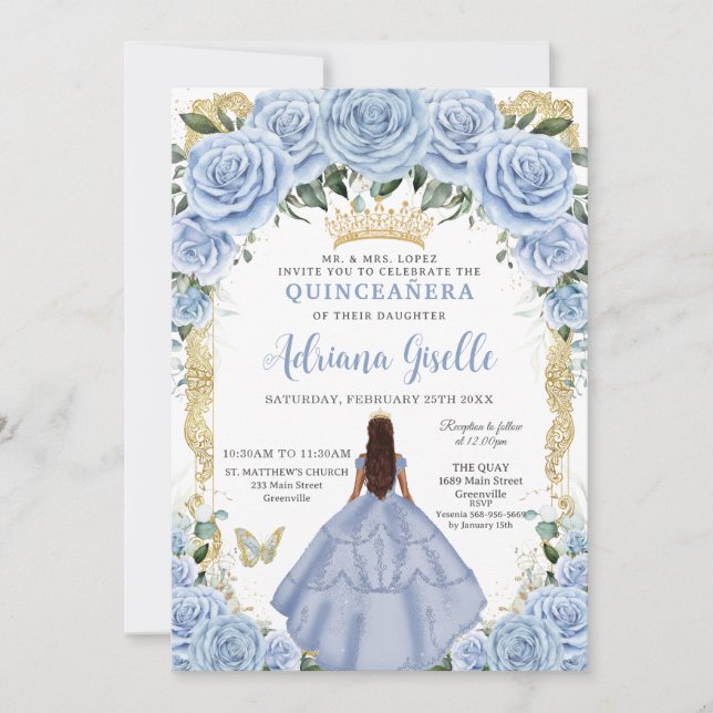 Invitación Moda Bebé Flores Azules Princesa Marrón Quinceañer