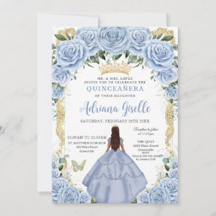 Invitación Moda Bebé Flores Azules Princesa Marrón Quinceañer