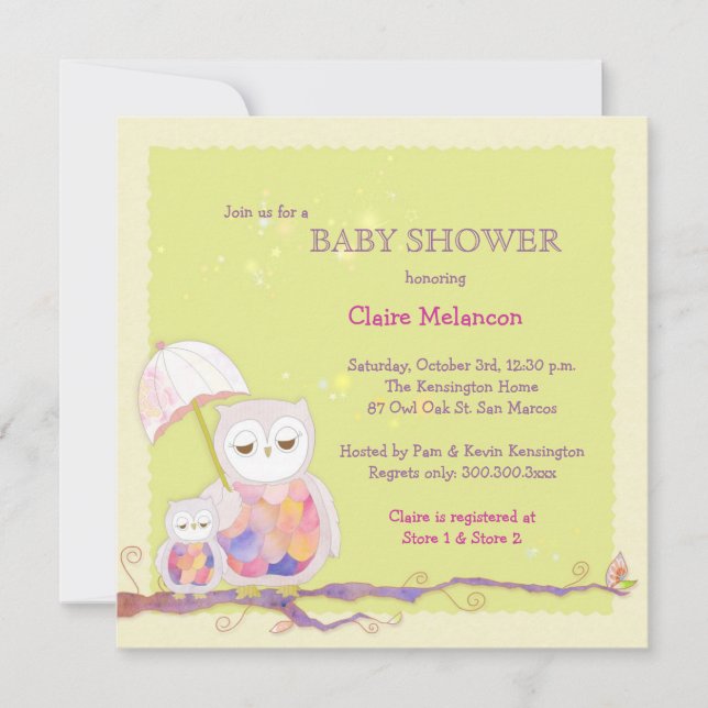 Invitación Moda Bebé Lechuza Verde Baby Shower (Anverso)