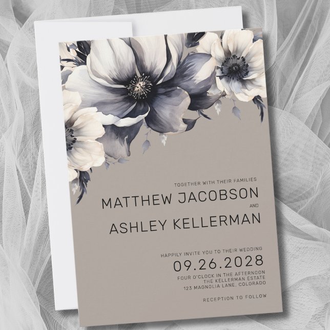 Invitación Moda Beige Boho Boda floral Neutral blanco negro (Chic Neutral Boho Black White Beige Floral Wedding Invitation)