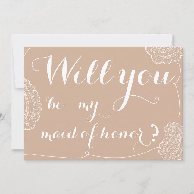 Invitación Moda Beige Paisley, Serás Mi Mujer De Honor (Anverso)