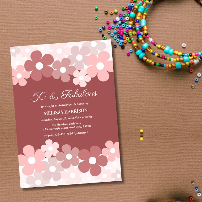 Invitación Moda Beige Peach Brown Flor 50 Fabuloso cumpleaños (Subido por el creador)