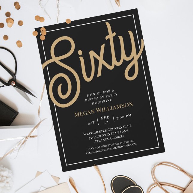 Invitación Moda Black and Gold Script 60 cumpleaños (Subido por el creador)