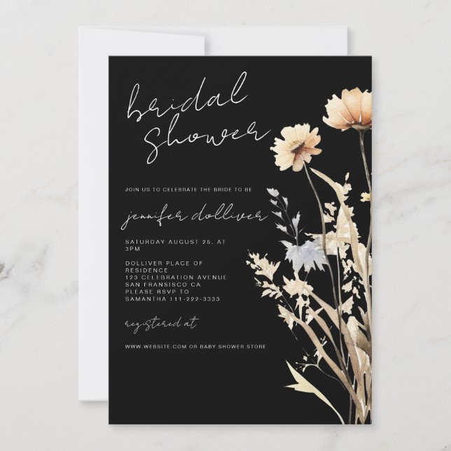 Invitación Moda Black Boho Wildflower Ducha nupcial (Anverso)