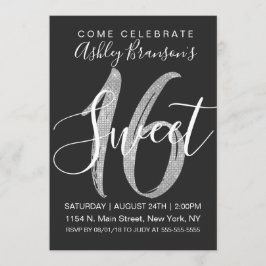 Invitación Moda Black Faux Silver Sequin Purpurina Sweet 16