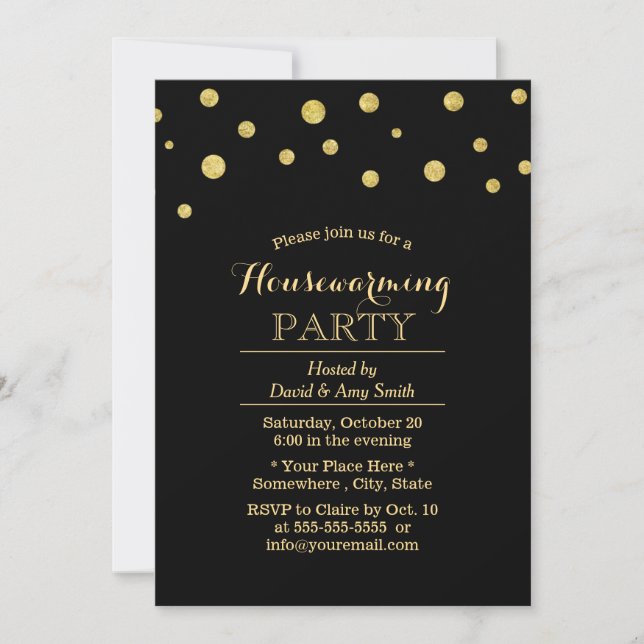 Invitación Moda Black & Gold Confetti Dots Calentador de la c (Anverso)