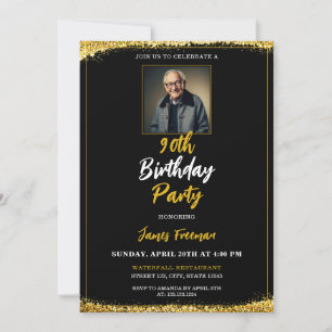 Invitación Moda Black & Gold Photo 90th Birthday