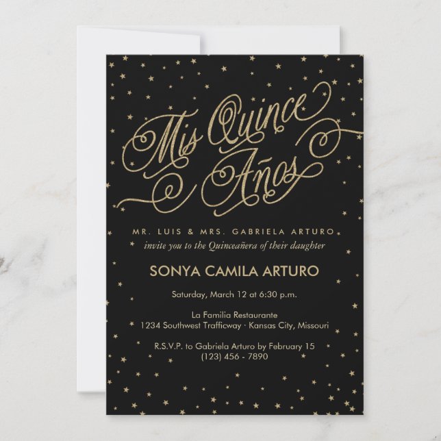 Invitación Moda Black & Gold Stars Quinceañera 15º cumpleaños (Anverso)