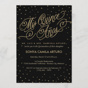 Invitación Moda Black & Gold Stars Quinceañera 15º cumpleaños