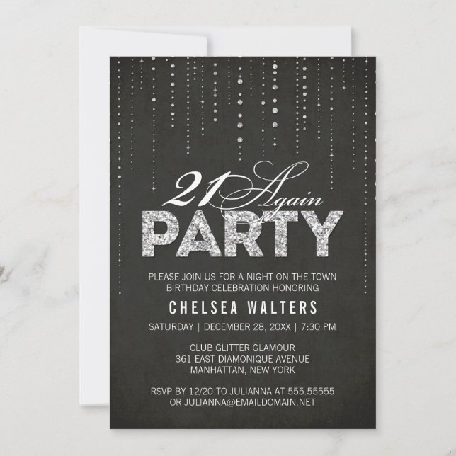 Invitación Moda Black & Silver 21 Nuevamente Fiesta de Cumple (Anverso)