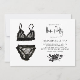 Invitación Moda Black Watercolor Lace Lingerie Hen Fiesta