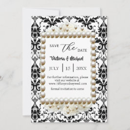 Invitación Moda Black $ White Damask Pearl Save-The Date