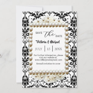 Invitación Moda Black $ White Damask Pearl Save-The Date