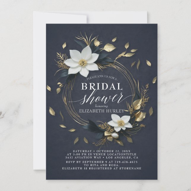 Invitación Moda Black White Gold Floral Wreath Bridal Shower (Anverso)