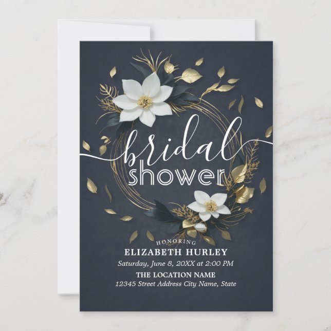 Invitación Moda Black White Gold Floral Wreath Bridal Shower (Anverso)