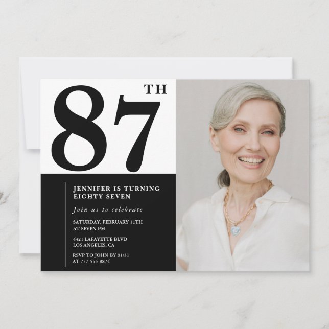 Invitación Moda Black White Photo 87th Birthday (Anverso)