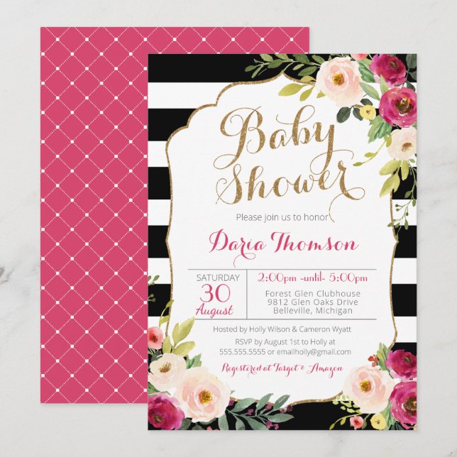 Invitación Moda Black & White Stripe Pink Floral Baby Shower (Anverso / Reverso)