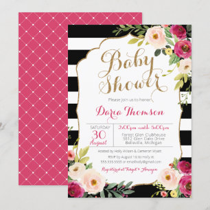 Invitación Moda Black & White Stripe Pink Floral Baby Shower