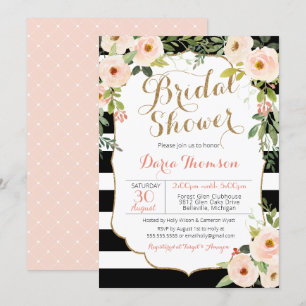 Invitación Moda Black White Stripe Rubor Floral Bridal Shower