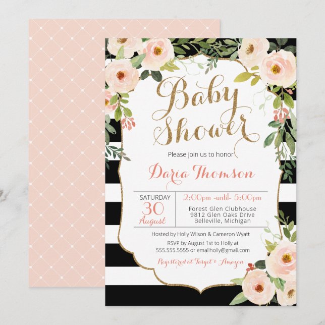 Invitación Moda Black White Stripe y Rubor Floral Baby Shower (Anverso / Reverso)