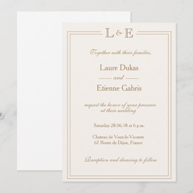Invitación Moda blanca de champán dorado monograma boda moder (Anverso / Reverso)