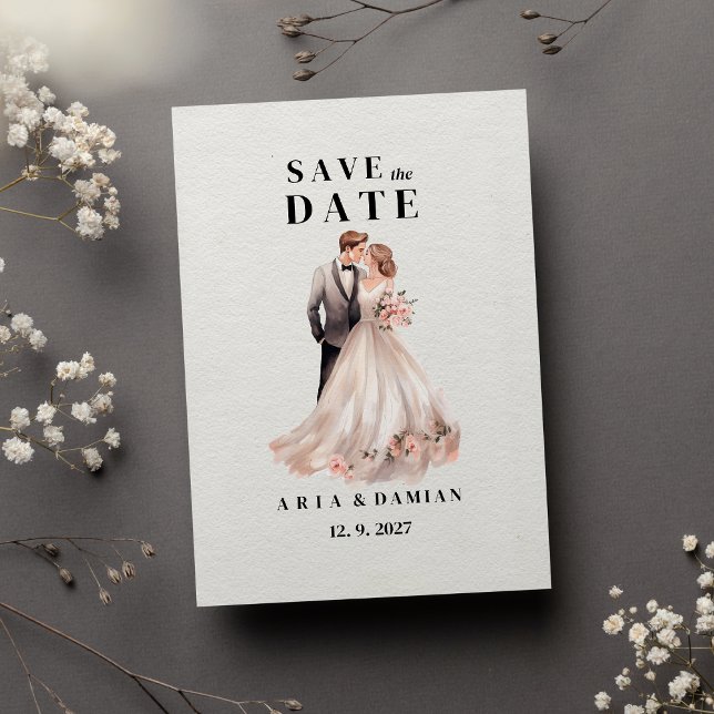 Invitación Moda blanca foto de pareja de flores rosadas Save  (White chic pink floral couple photo Save the Date)