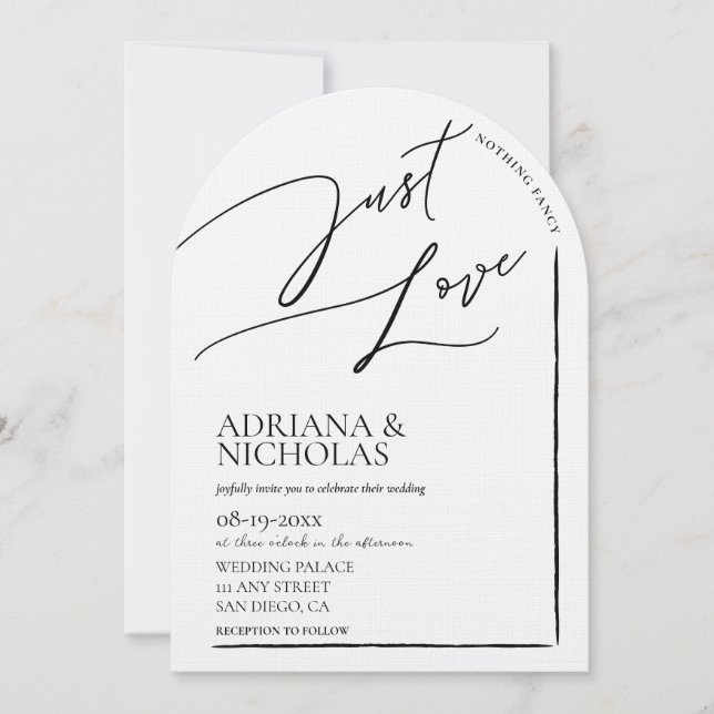 Invitación Moda Blanca Negra Nada Fancy Just Love Boda (Anverso)