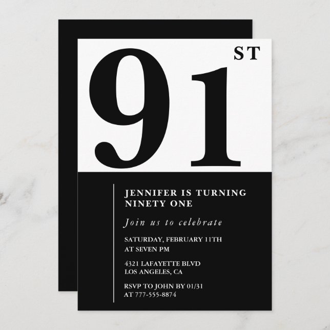 Invitación Moda Blanca Negra por su cumpleaños 91 (Anverso / Reverso)