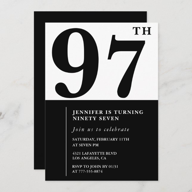 Invitación Moda Blanca Negra por su cumpleaños 97 (Anverso / Reverso)